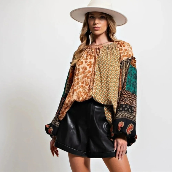 New! Easel Mimi Vintage Boho Printed Challis Blouse - Picture 5 of 5